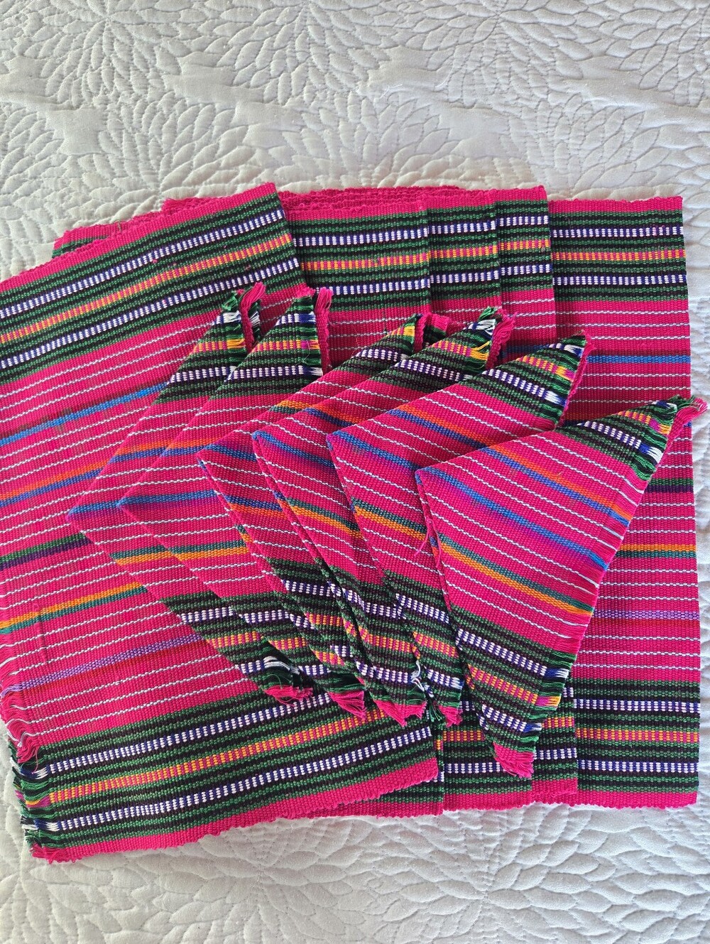 Handwoven Bright Pink Set Of Six Guatamalen Placemats & Napkins Newl